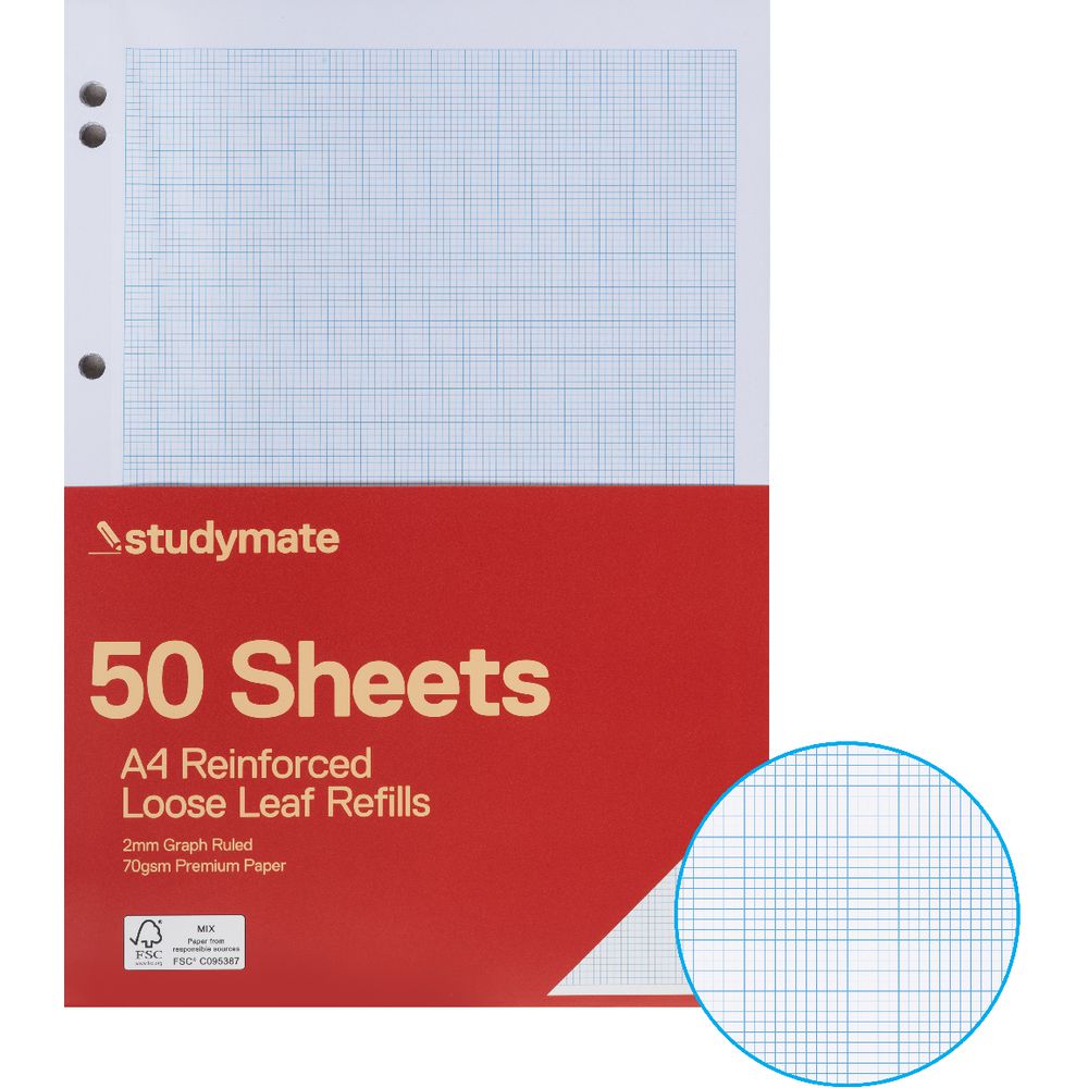 SMGREF2MM_50_pack_studymate_a4_70gsm_2mm_graph_loose_leaf_refills.jpg ورق الرسم البياني - الصورة 1